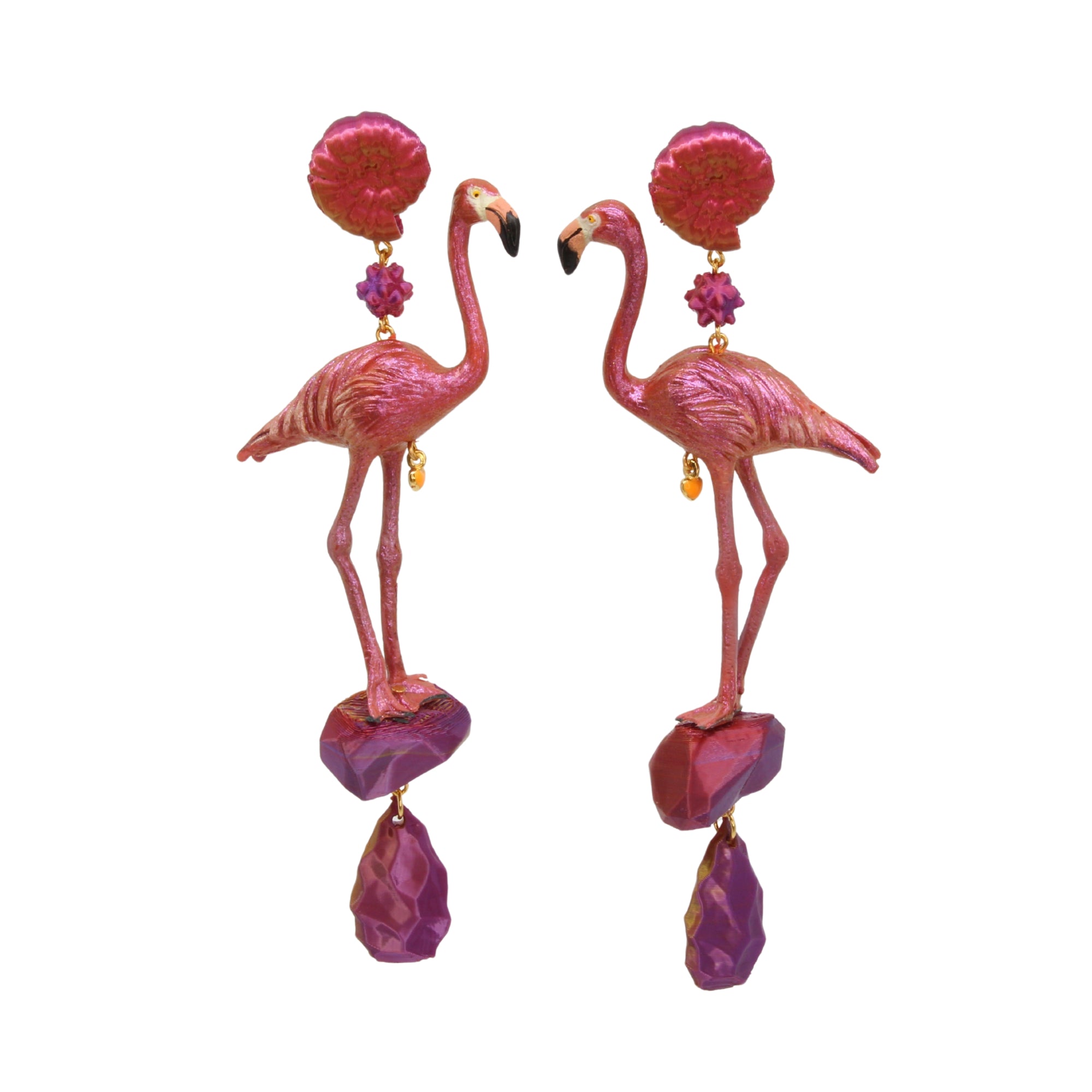 Tukadu Ohrringe "Flamingo on the Rocks" – Pinke Flamingo-Ohrringe mit 3d gedruckten Elementen, handgefertigt