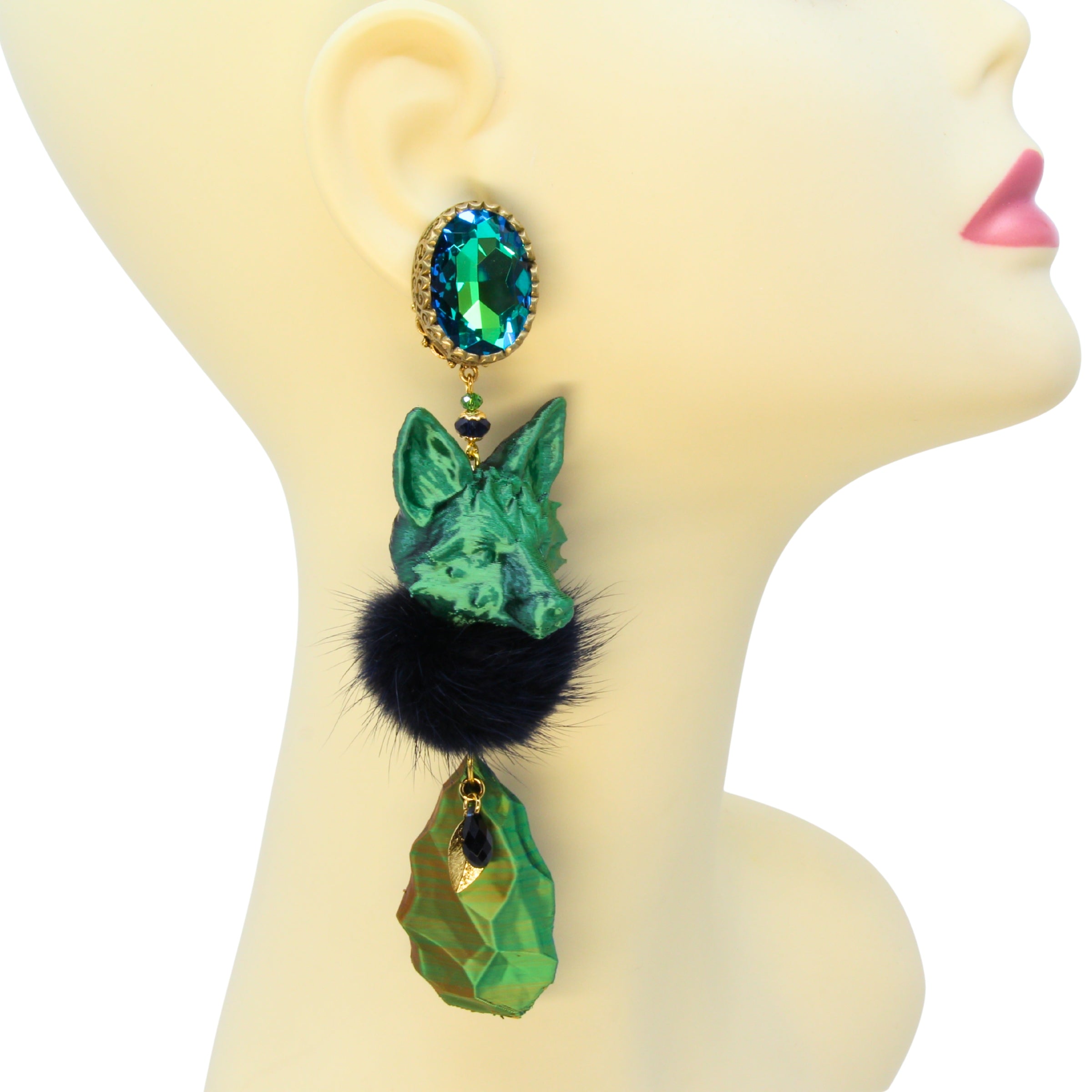 'Emerald Fox Couture' Ohrclips - Statement Fuchs Ohrringe Handmade by Tukadu