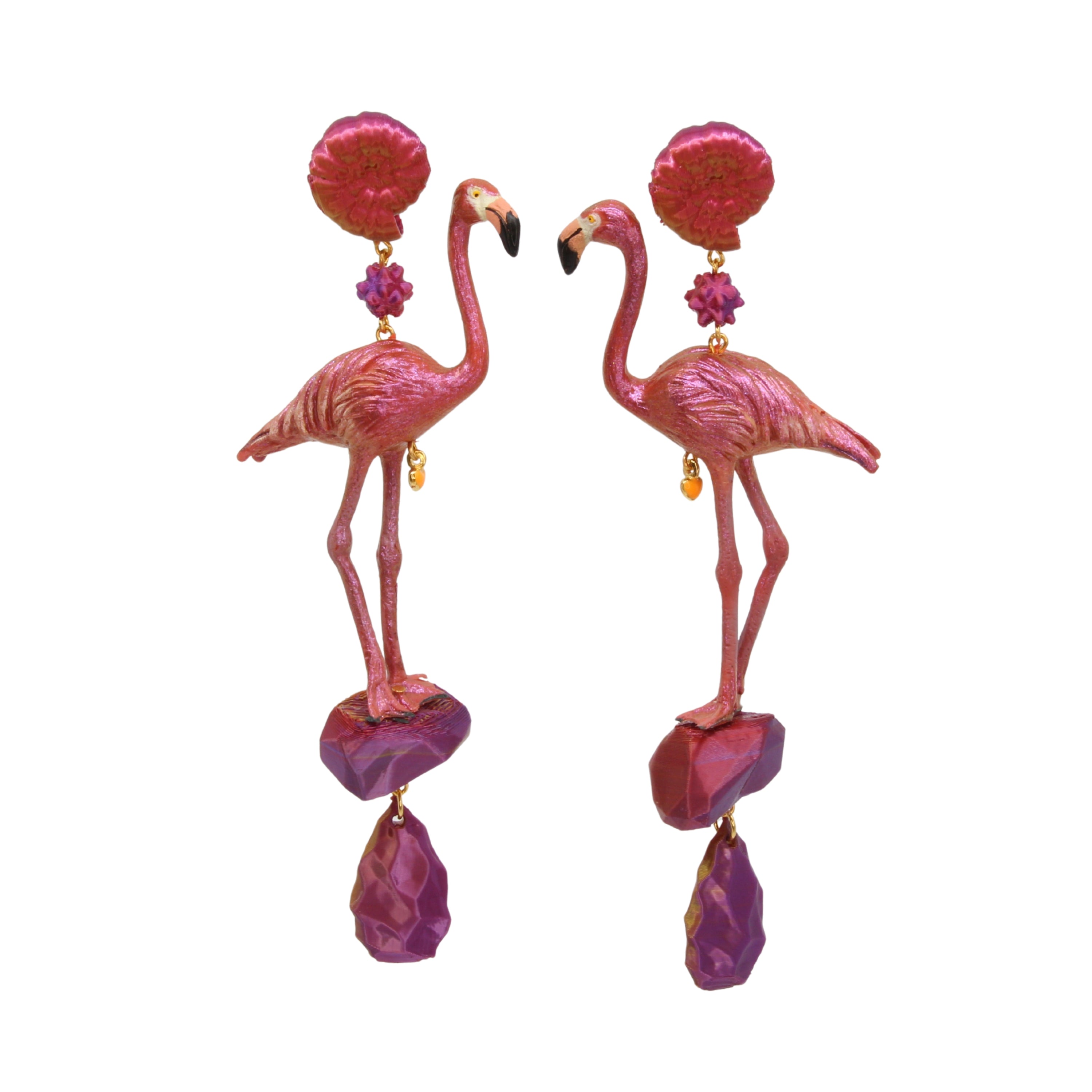 Tukadu Ohrringe "Flamingo on the Rocks" – Pinke Flamingo-Ohrringe mit 3d gedruckten Elementen, handgefertigt