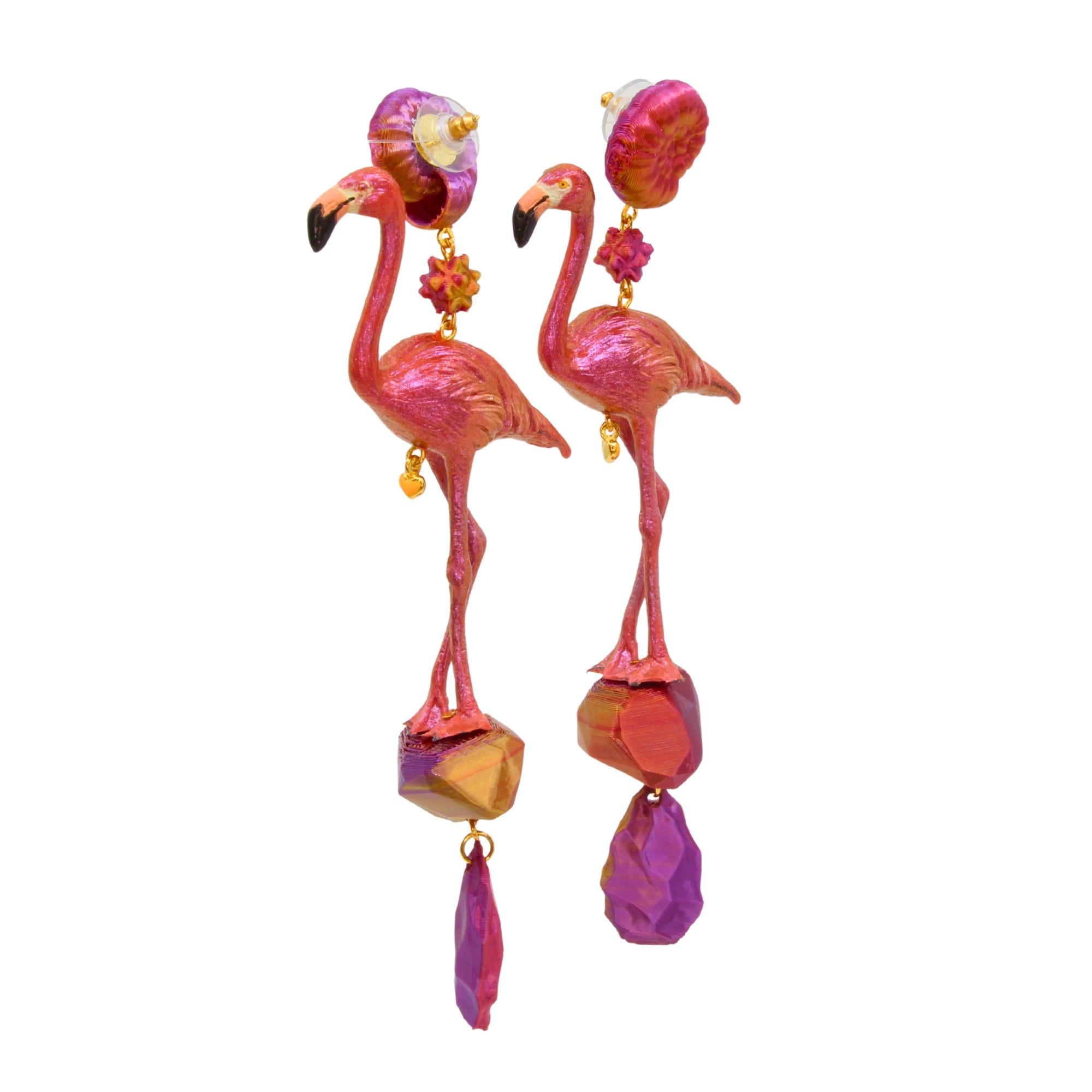 Tukadu Ohrringe "Flamingo on the Rocks" – Pinke Flamingo-Ohrringe mit 3d gedruckten Elementen, handgefertigt