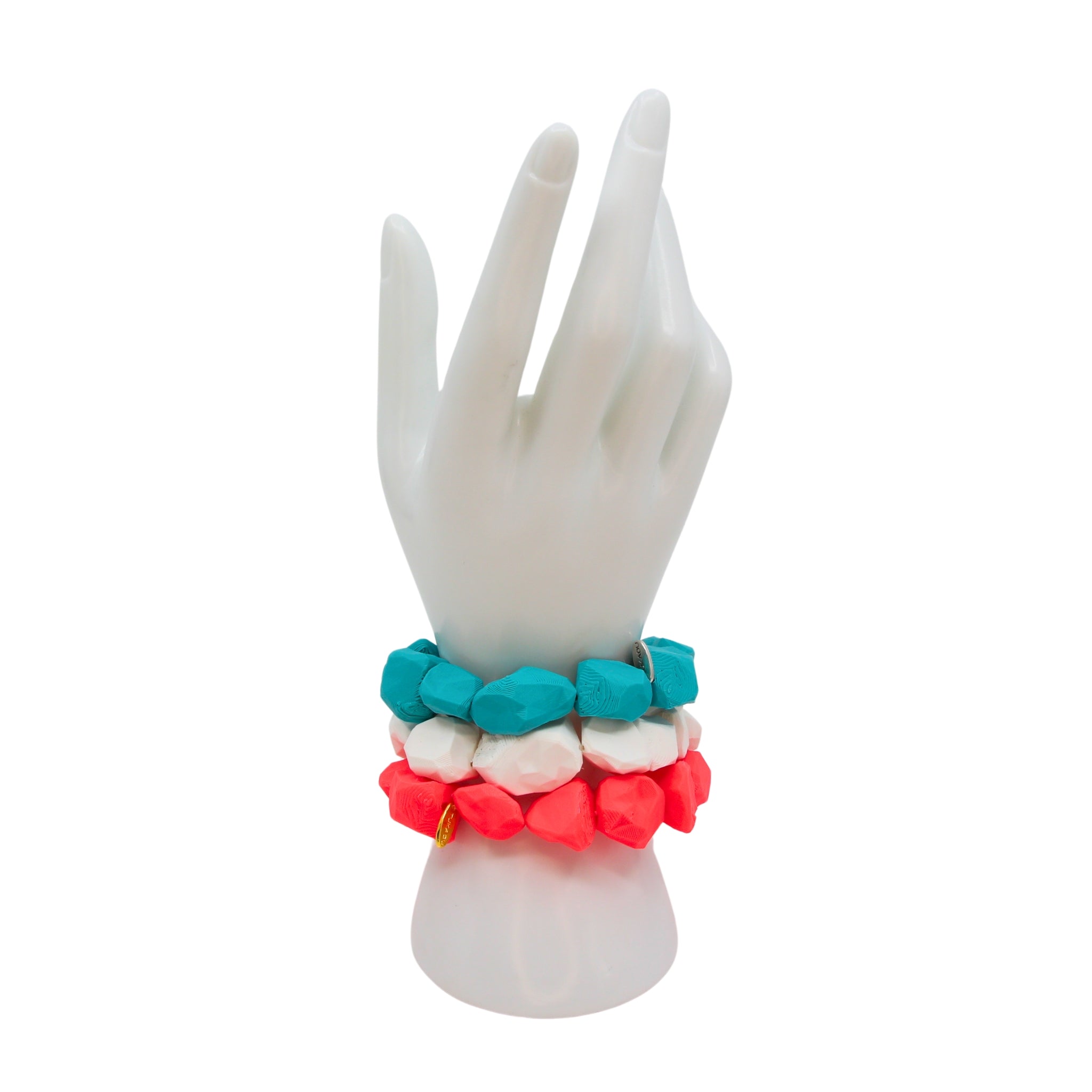 Tukadu Armband 'Pop Rock’–Neon Red–Handgefertigtes Statement-Schmuckstück mit 3D-gedruckten Polygon-Steinen & Elastikband