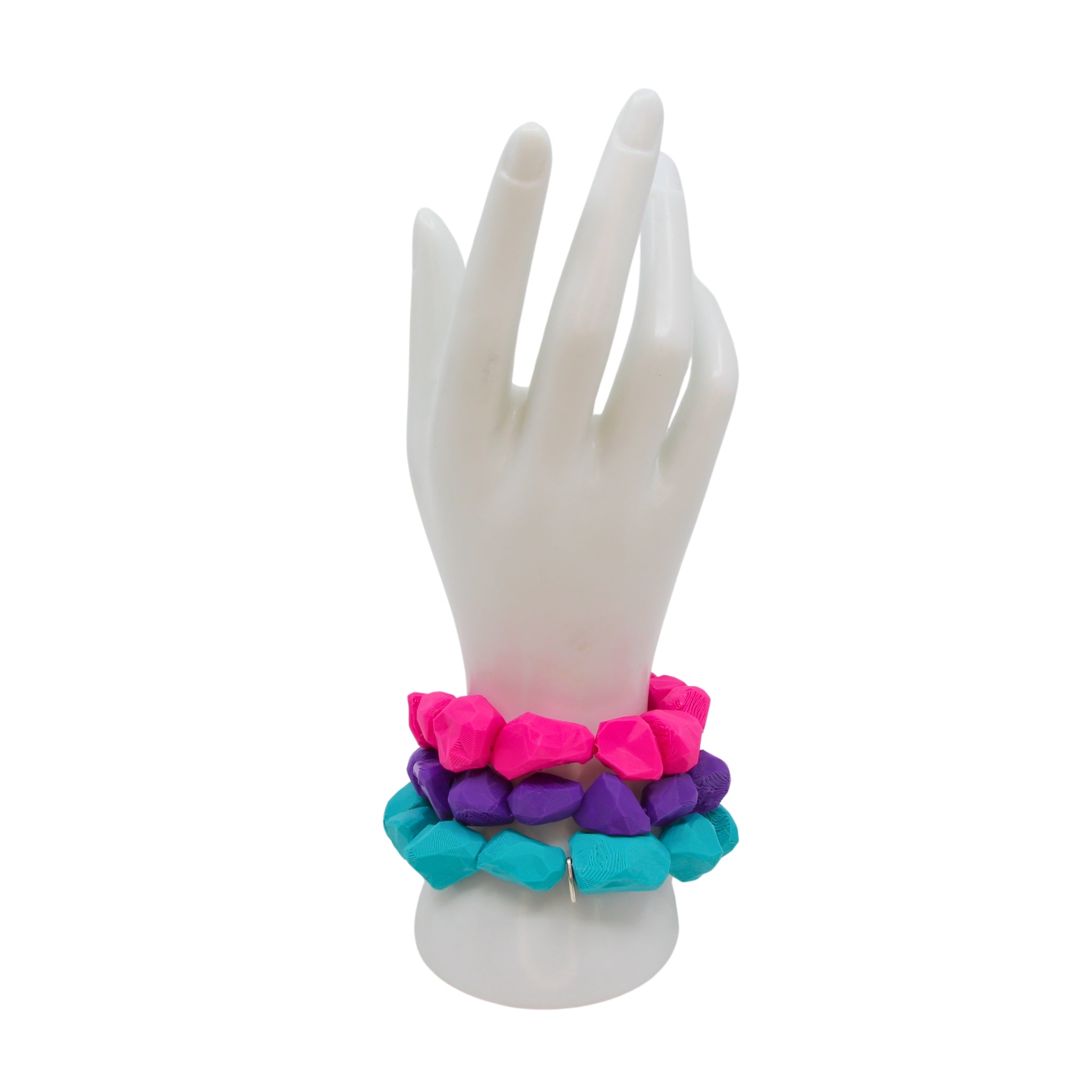 Tukadu Armband 'Pop Rock’–Neon Pink'–Handgefertigtes Statement-Schmuckstück mit 3D-gedruckten Polygon-Steinen & Elastikband