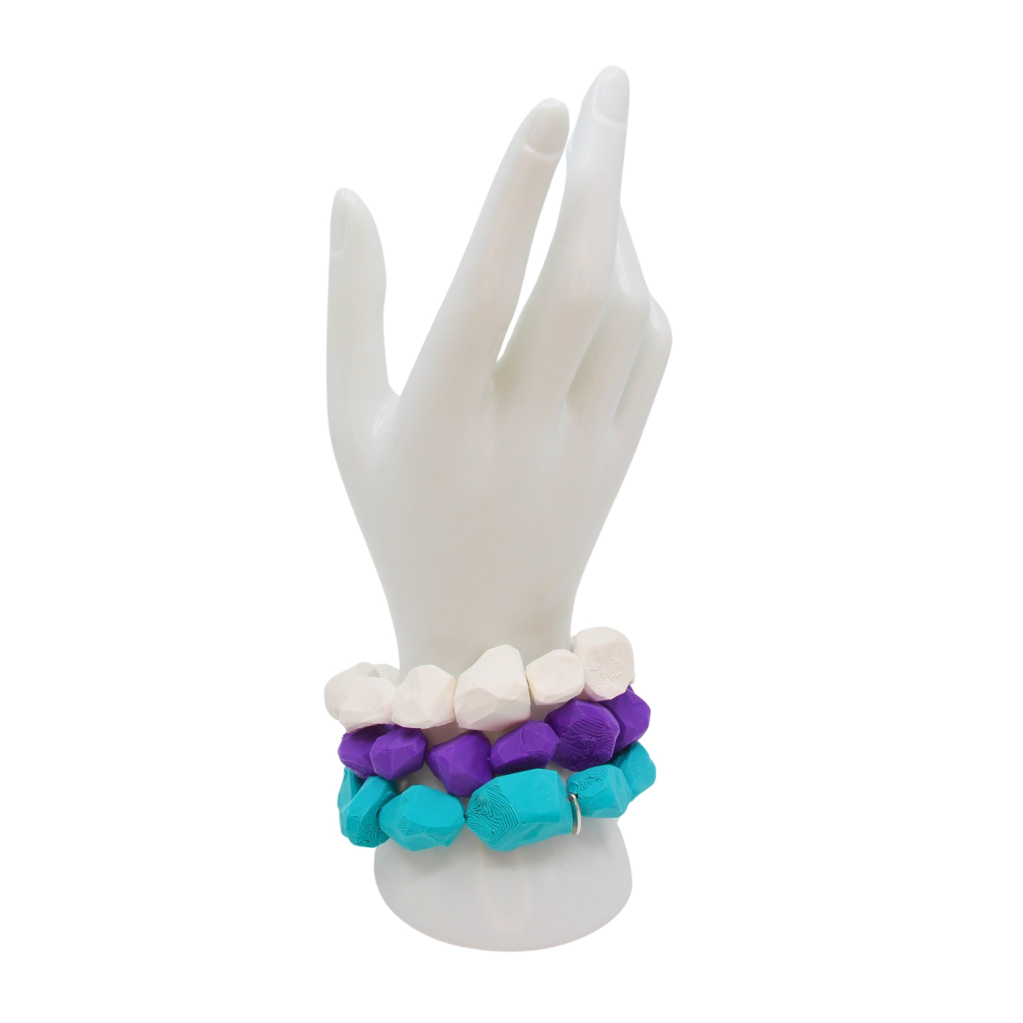Tukadu Armband 'Pop Rock’–White Chunk–Handgefertigtes Statement-Schmuckstück mit 3D-gedruckten Polygon-Steinen & Elastikband