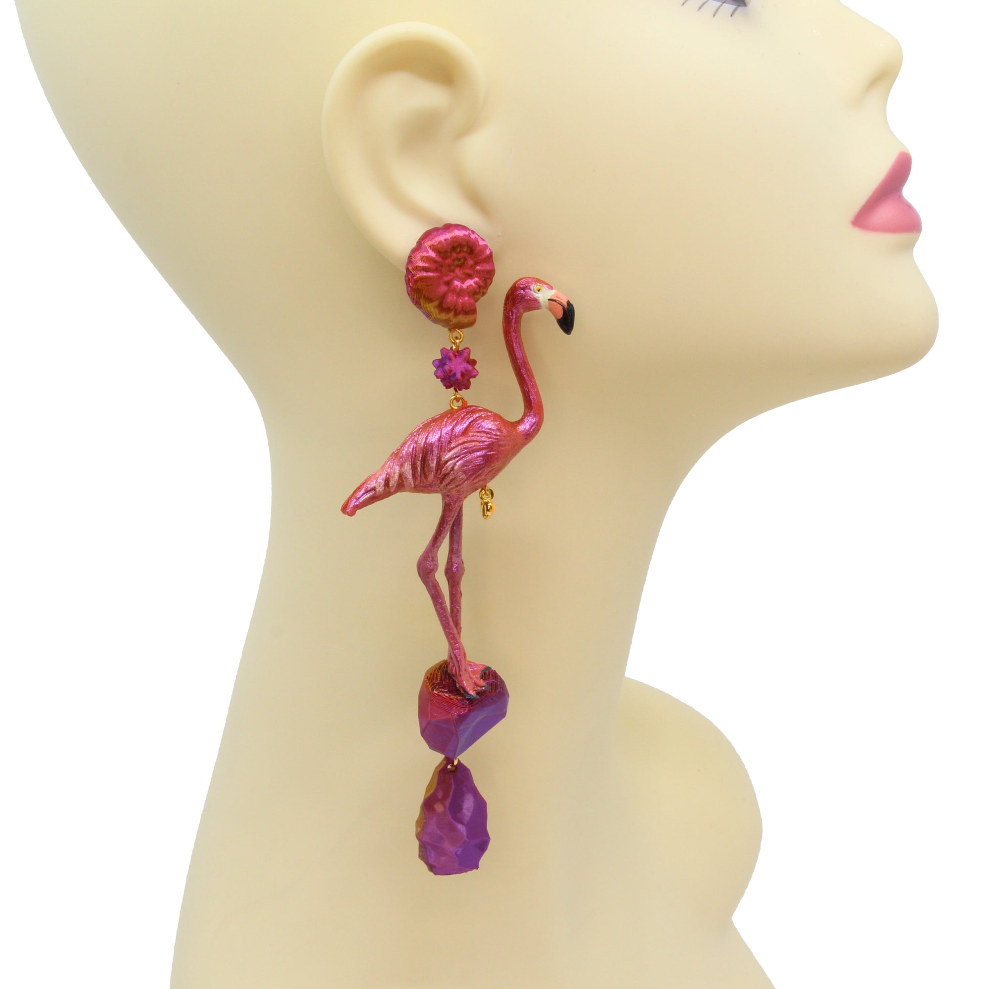 Tukadu Ohrringe "Flamingo on the Rocks" – Pinke Flamingo-Ohrringe mit 3d gedruckten Elementen, handgefertigt