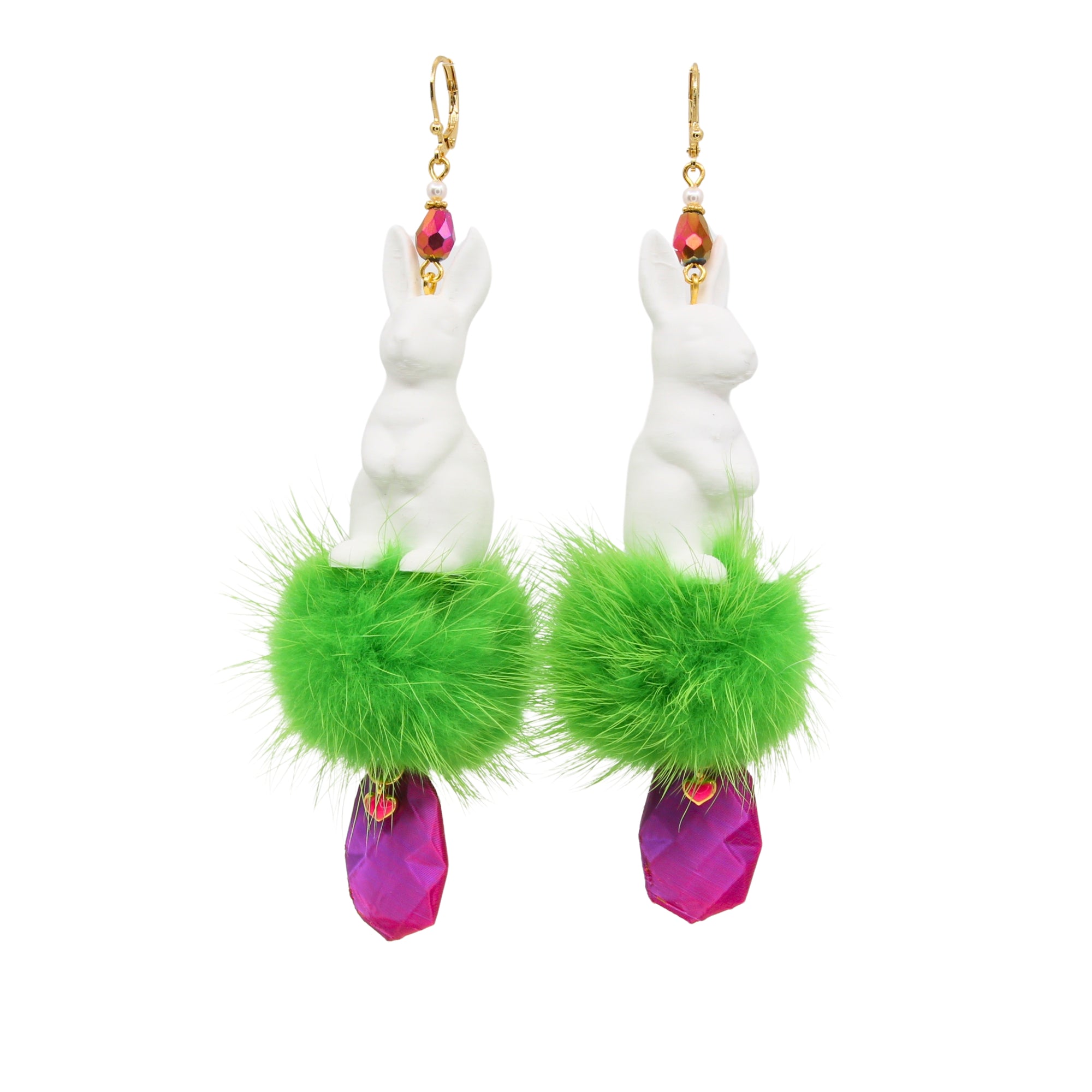 Tukadu Oster-Ohrringe „Grüner Puschelhase“ – Statement-Ohrringe mit 3D-Hasen, Pompon & Kristall