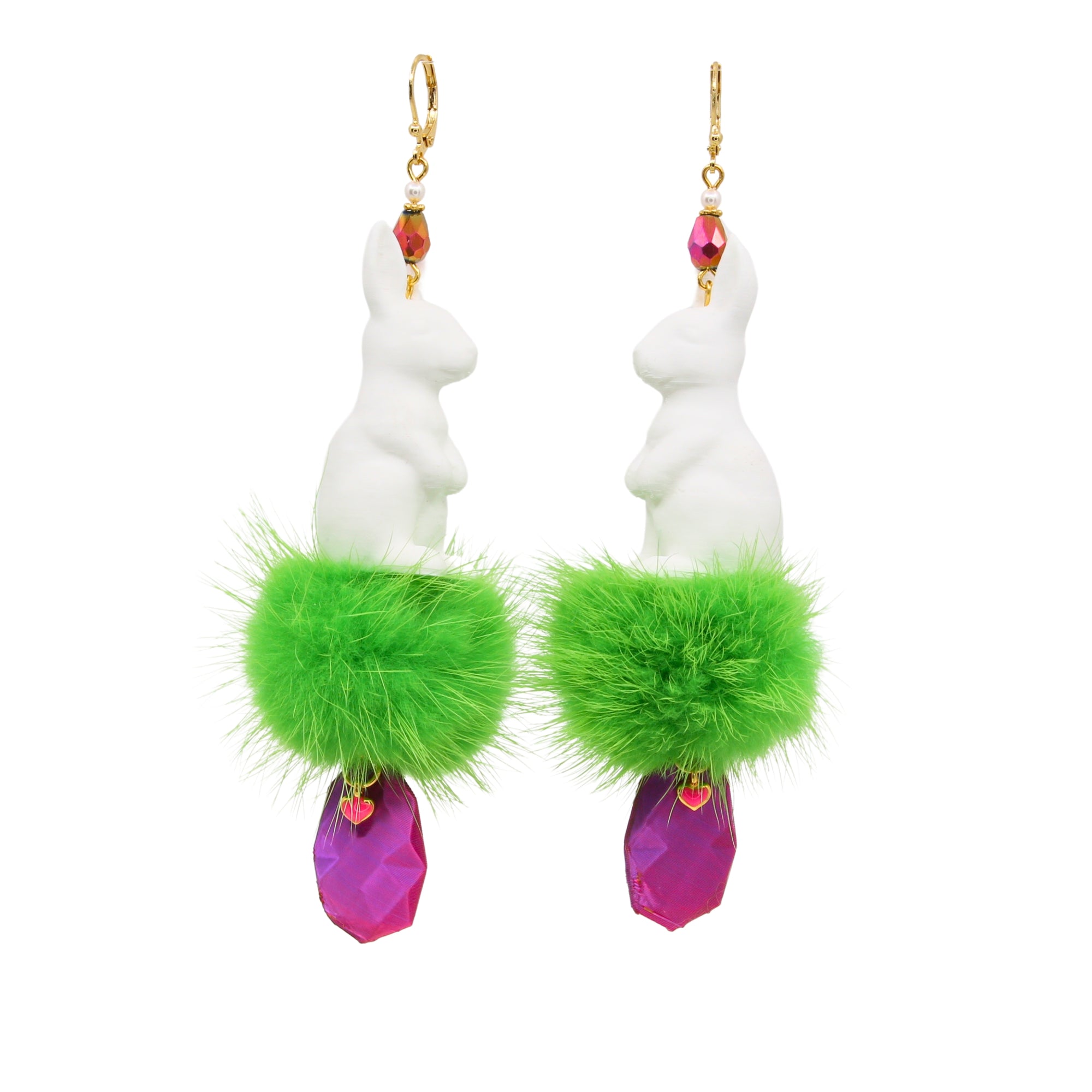 Tukadu Oster-Ohrringe „Grüner Puschelhase“ – Statement-Ohrringe mit 3D-Hasen, Pompon & Kristall