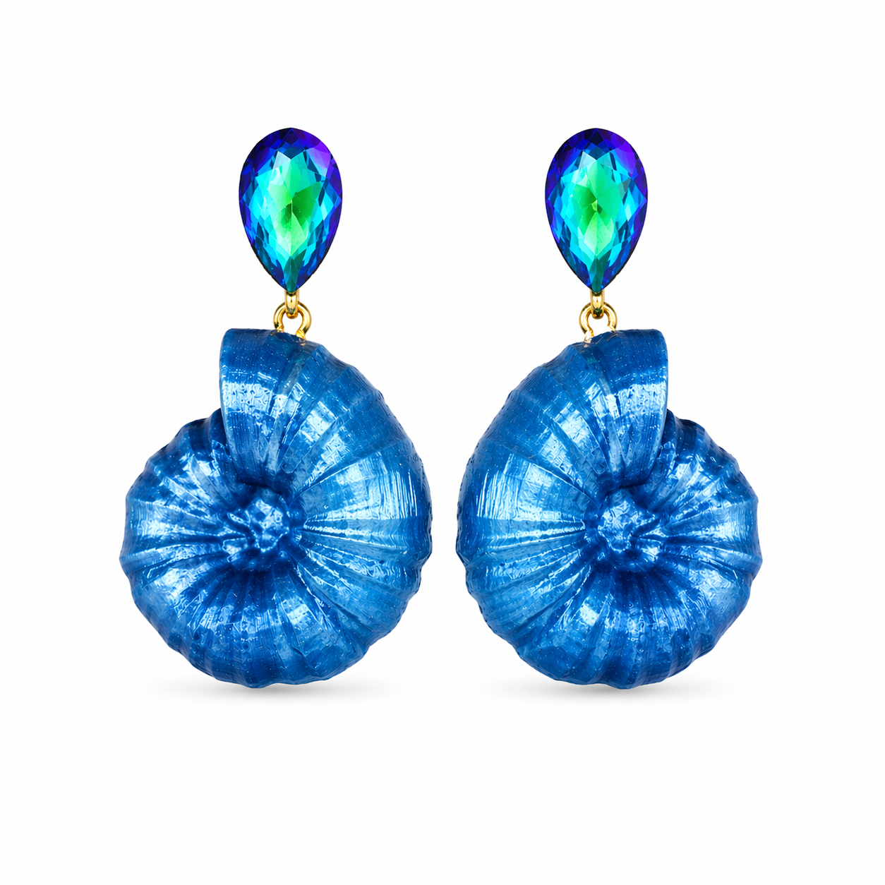 'Ammonite Dreams' Shades of blue – Statement-Ohrstecker mit Strass & Fossilien-Design von Tukadu