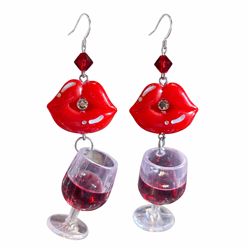 ‚Vino Kuss‘ Ohrringe - handgefertigte Statementohrringe mit Kussmund & Weinglas