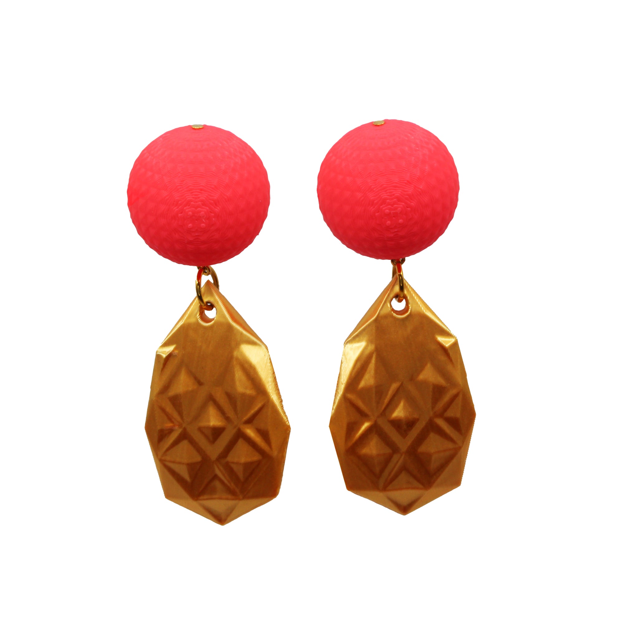 Statement-Ohrringe „Pop Rocks“ neonrot und gold – 3D-gedruckt vergoldete Stecker von Tukadu