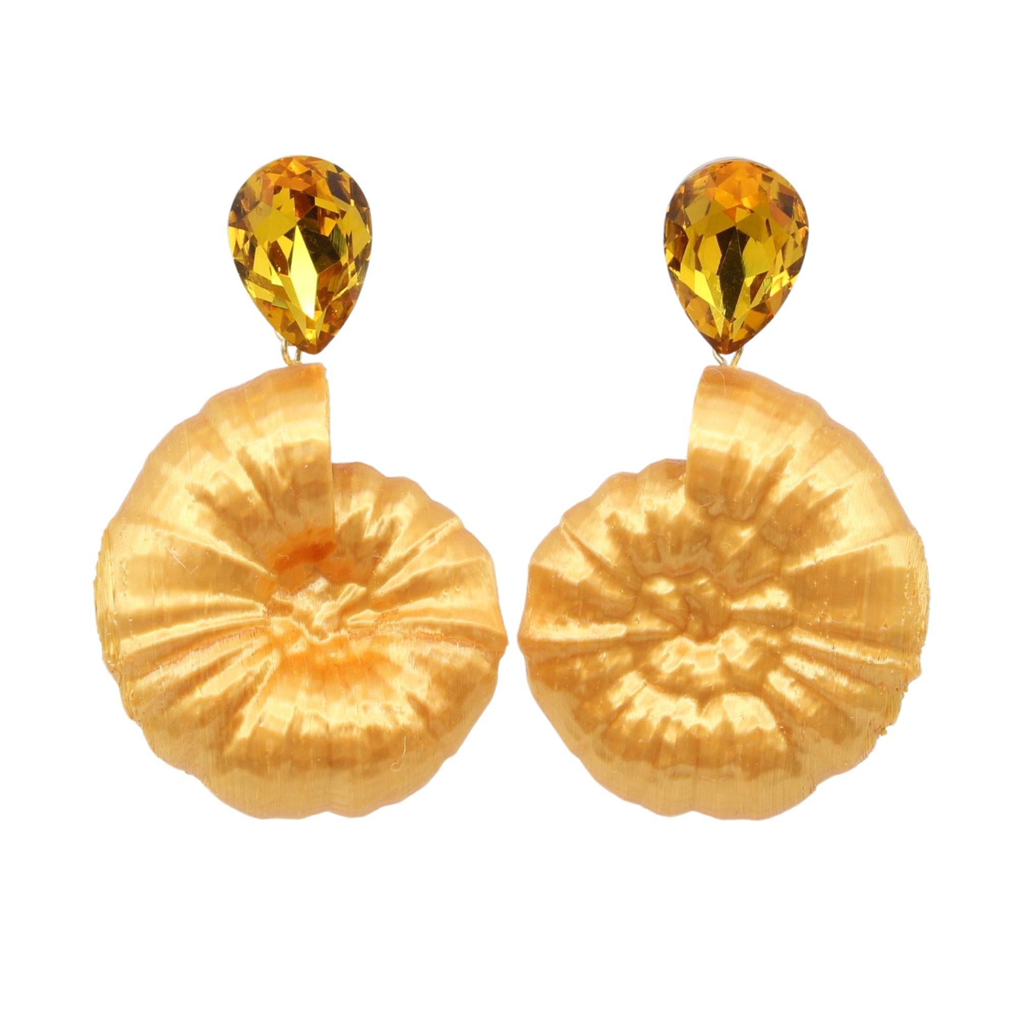 Tukadu 'Ammonite Dreams' Gold – 3D-gedruckte Statement-Ohrringe mit goldgelbem Kristall & Fossilien-Design