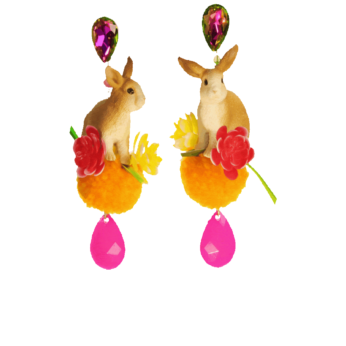 Verspielte Hasen-Ohrclips – Bunte Tukadu Statement-Ohrringe mit Pompon, Blumen & Kristall