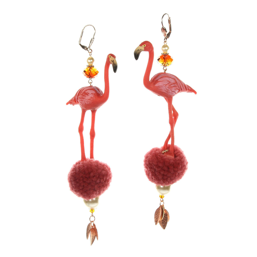 Flamingo on pompom earrings